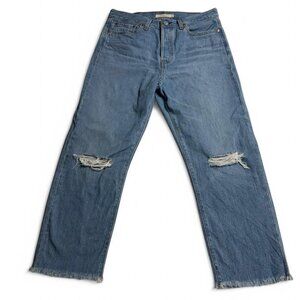 Levi's Jeans Womens Wedgie Straight Button Fly Sz 29 Blue Light Wash Distressed